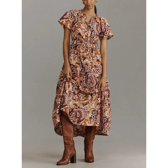 Anthropologie Somerset Maxi Dress Womens XS Bronze Orange Floral Pockets V-Neck - Picture 1 of 15